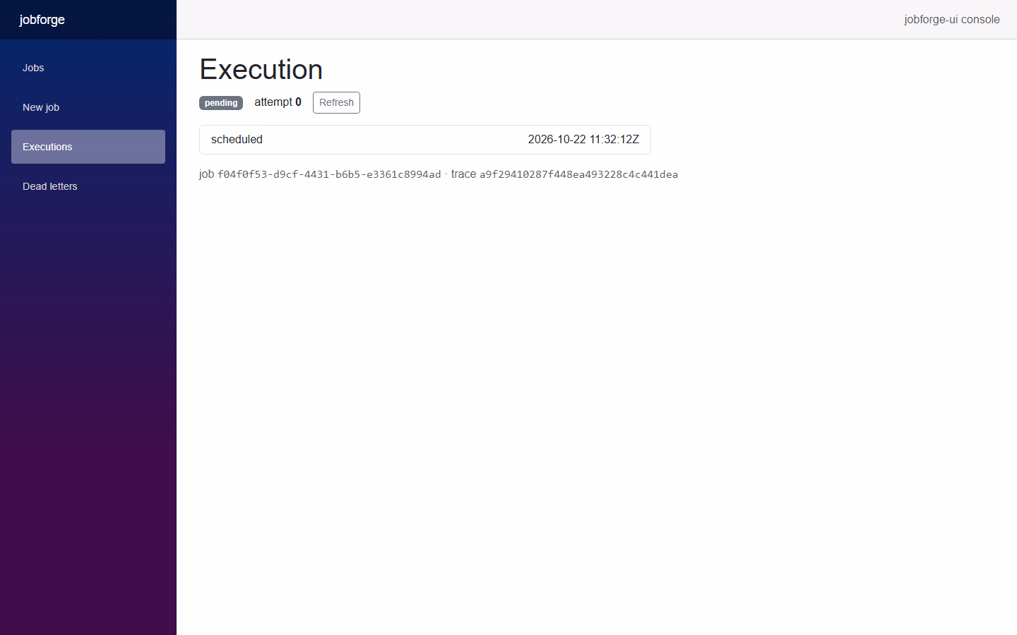 Detalhe de execução de job com status por etapa