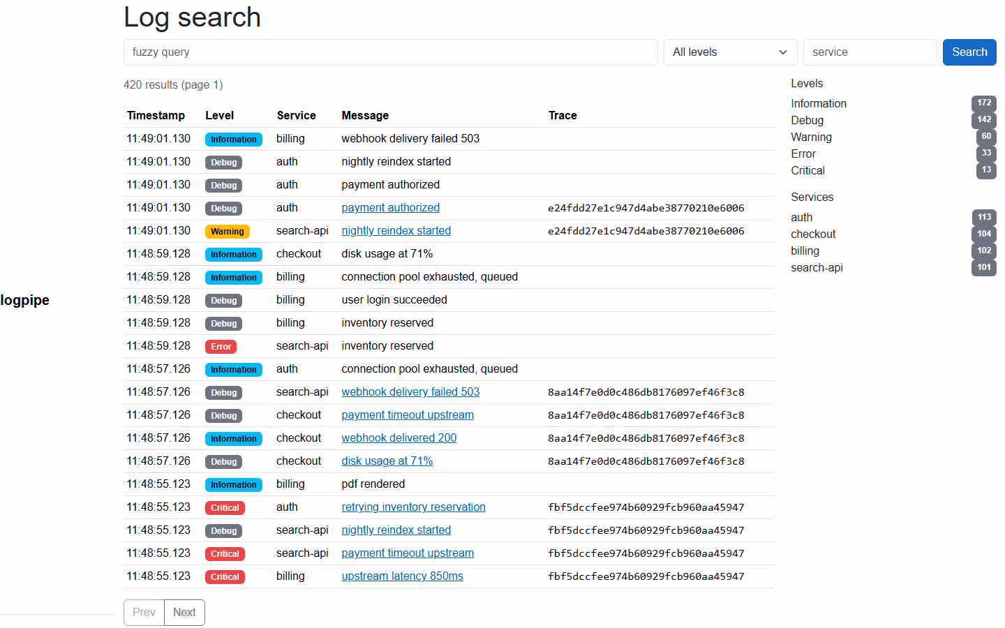 Busca de logs com filtro por serviço e nível