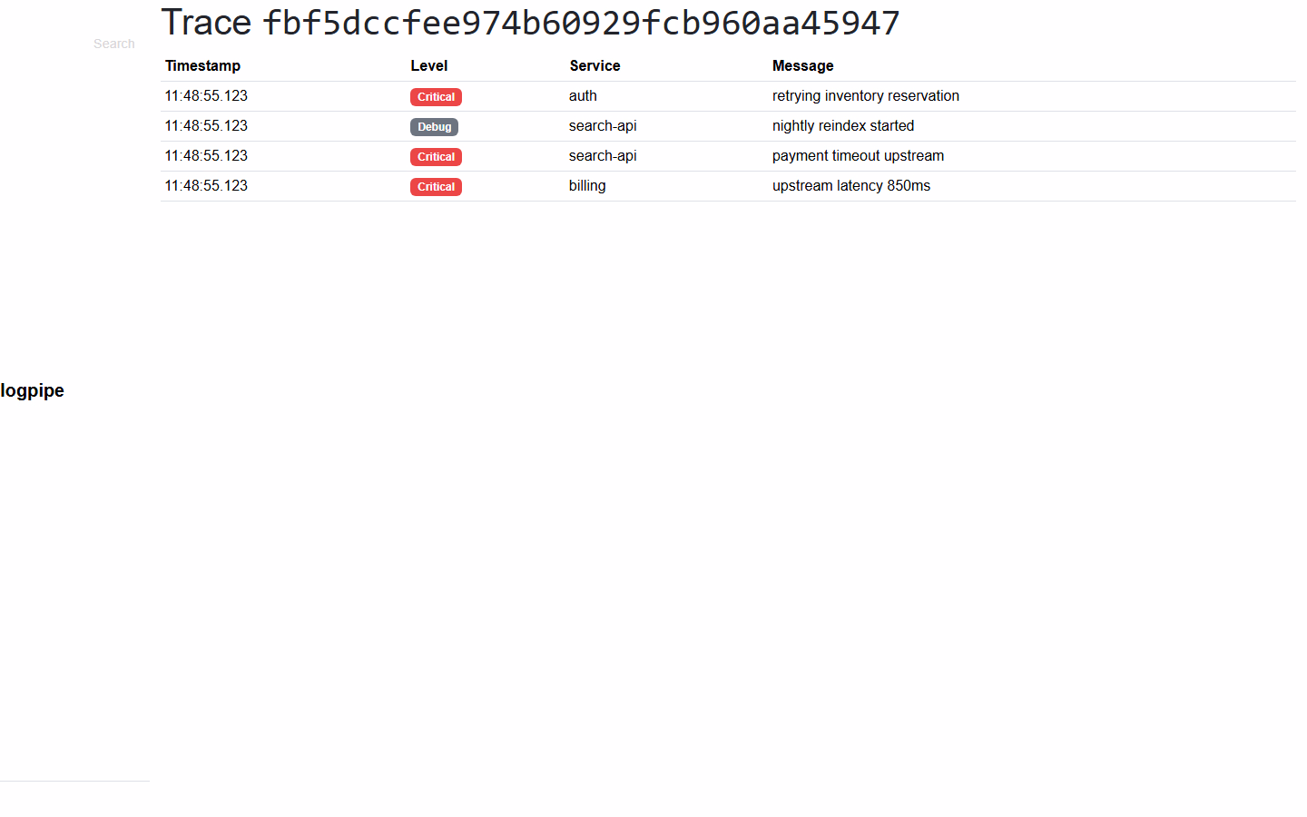 Detalhe de trace no logpipe com eventos correlacionados